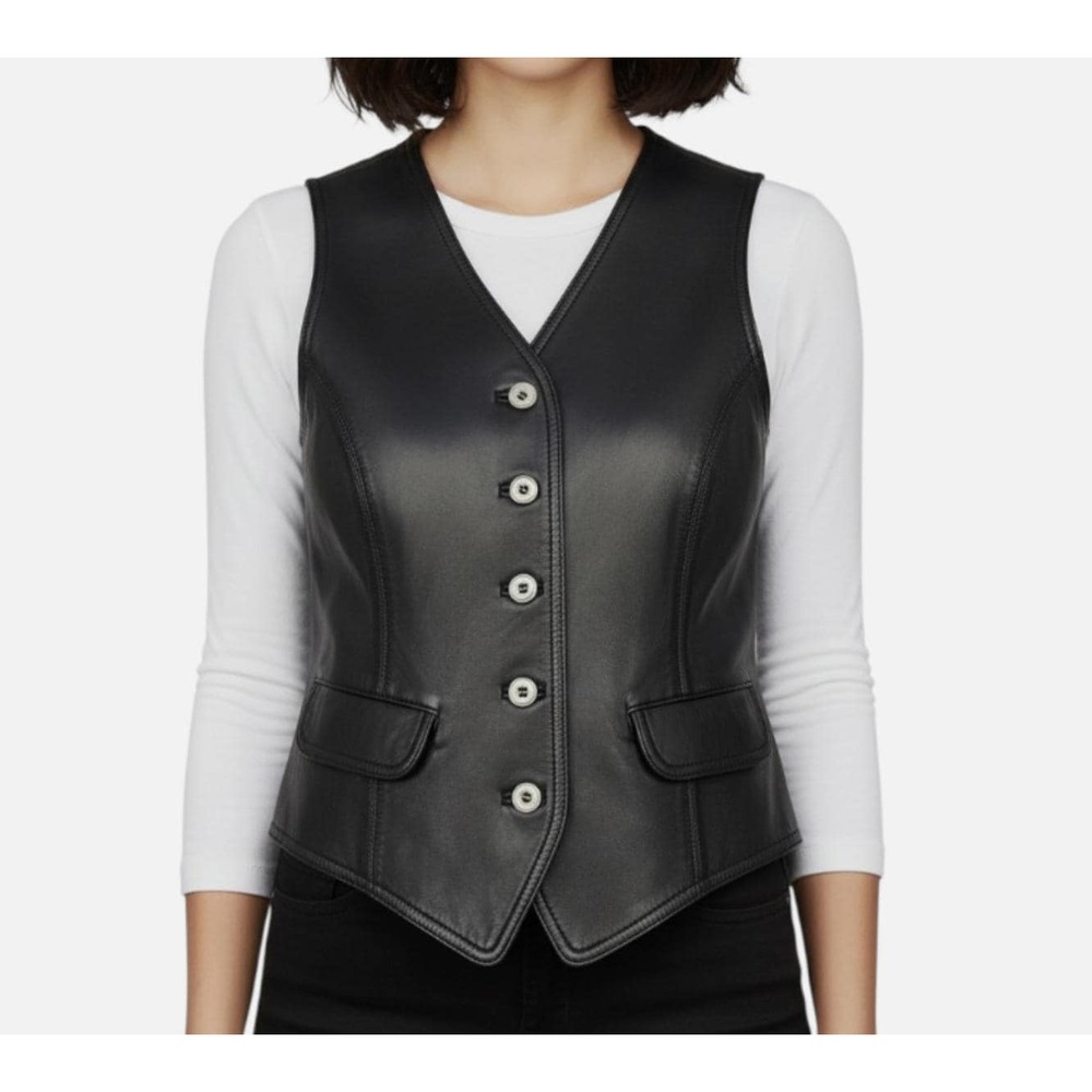True Vintage THE LIMITED Black Leather Vest, Fitted Goth Moto Style Size L